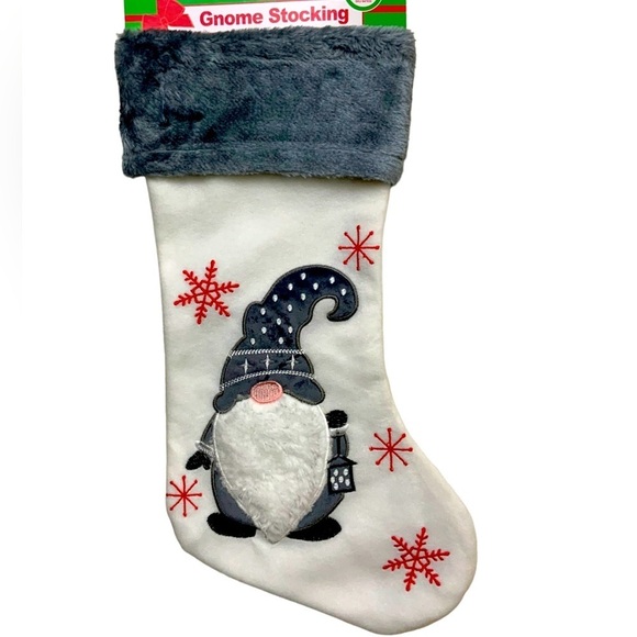 Gnome Christmas Stocking Embroidery Embellishments 17 inches White Grey - Picture 6 of 14